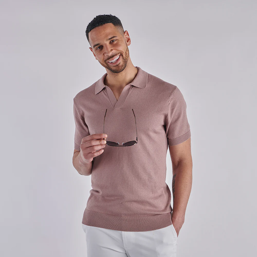 Open Collar Knitted Polo - Dusky Pink - Image 2
