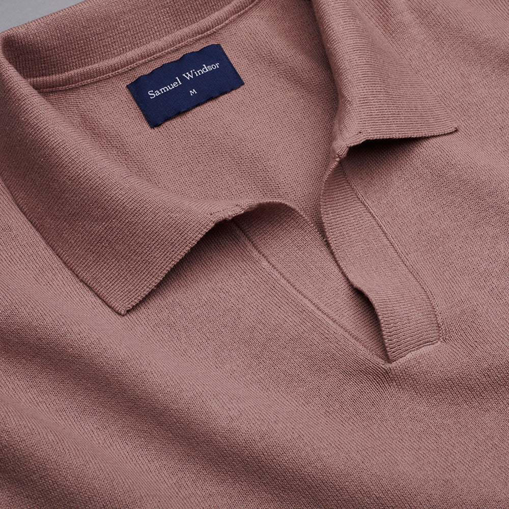 Open Collar Knitted Polo - Dusky Pink - Image 3