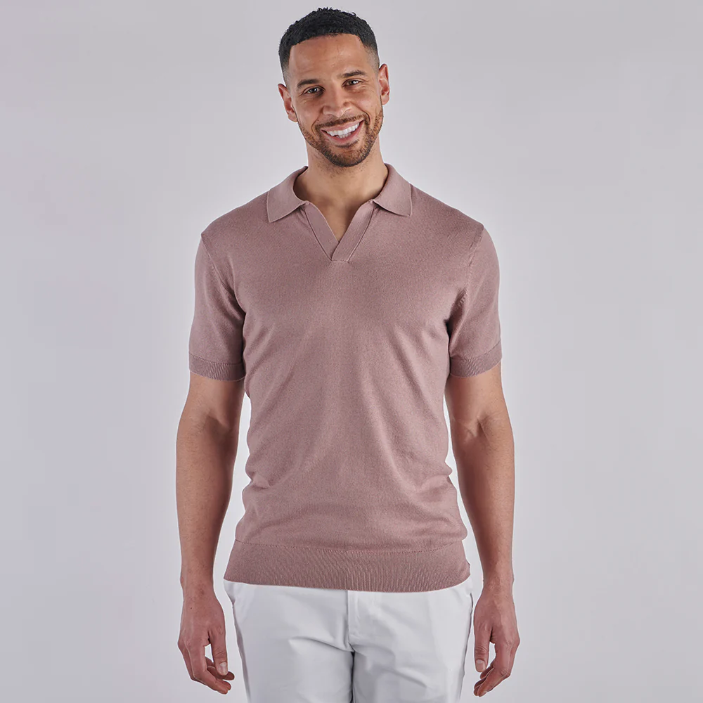 Open Collar Knitted Polo - Dusky Pink - Image 7