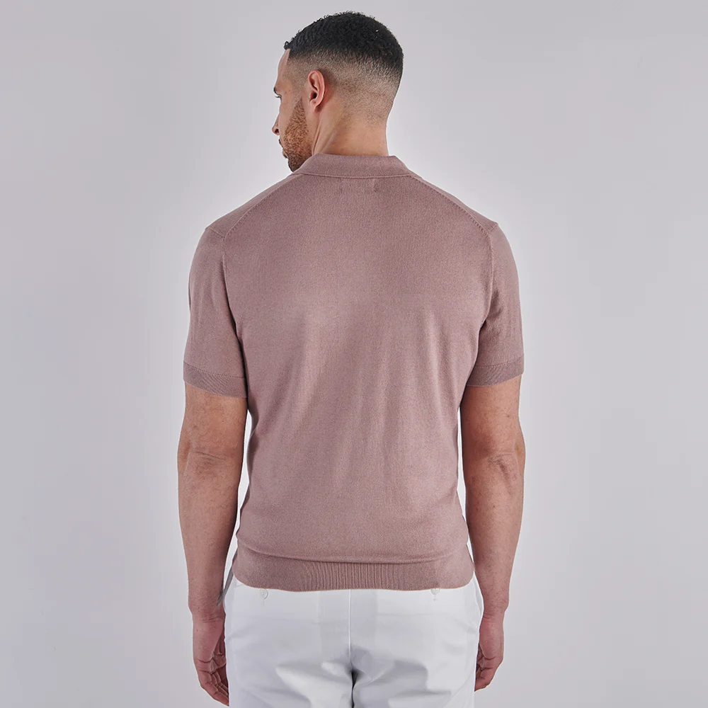 Open Collar Knitted Polo - Dusky Pink - Image 8