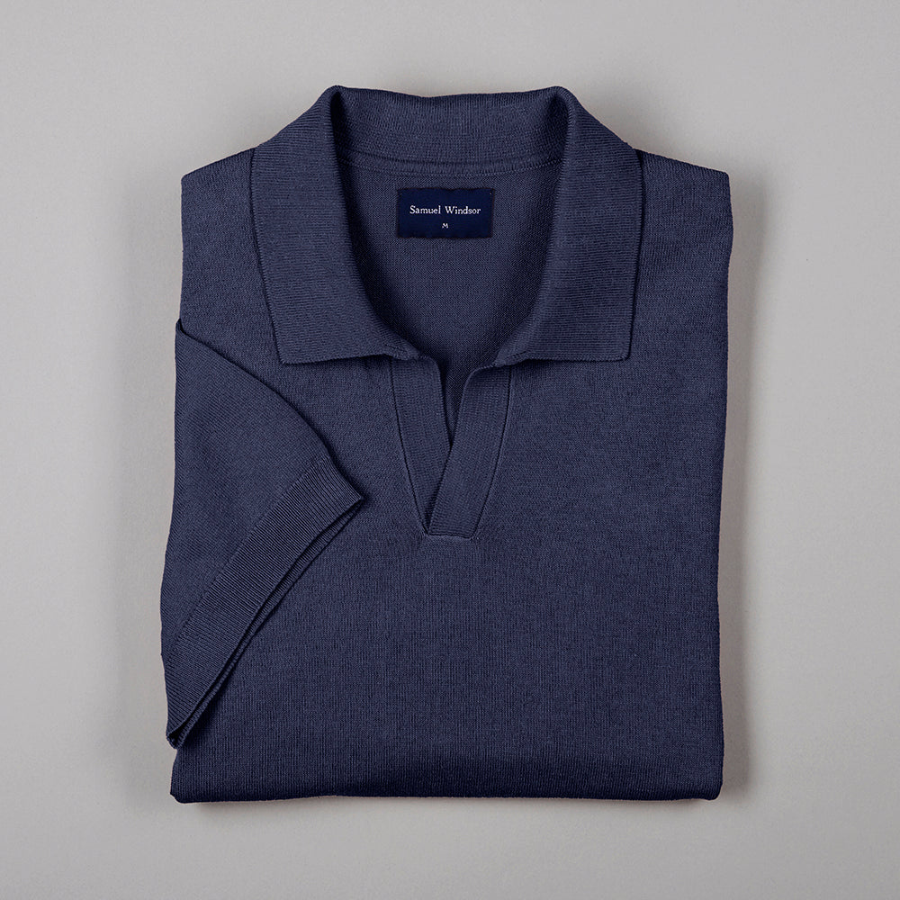 Open Collar Knitted Polo - Navy - Image 5