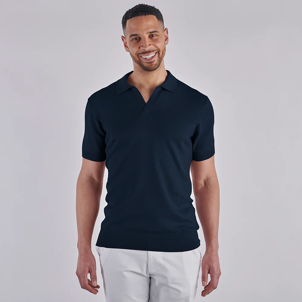 Open Collar Knitted Polo - Navy - Image 7