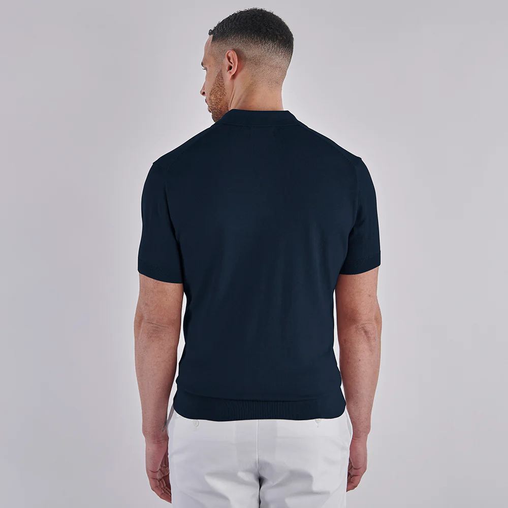 Open Collar Knitted Polo - Navy - Image 8