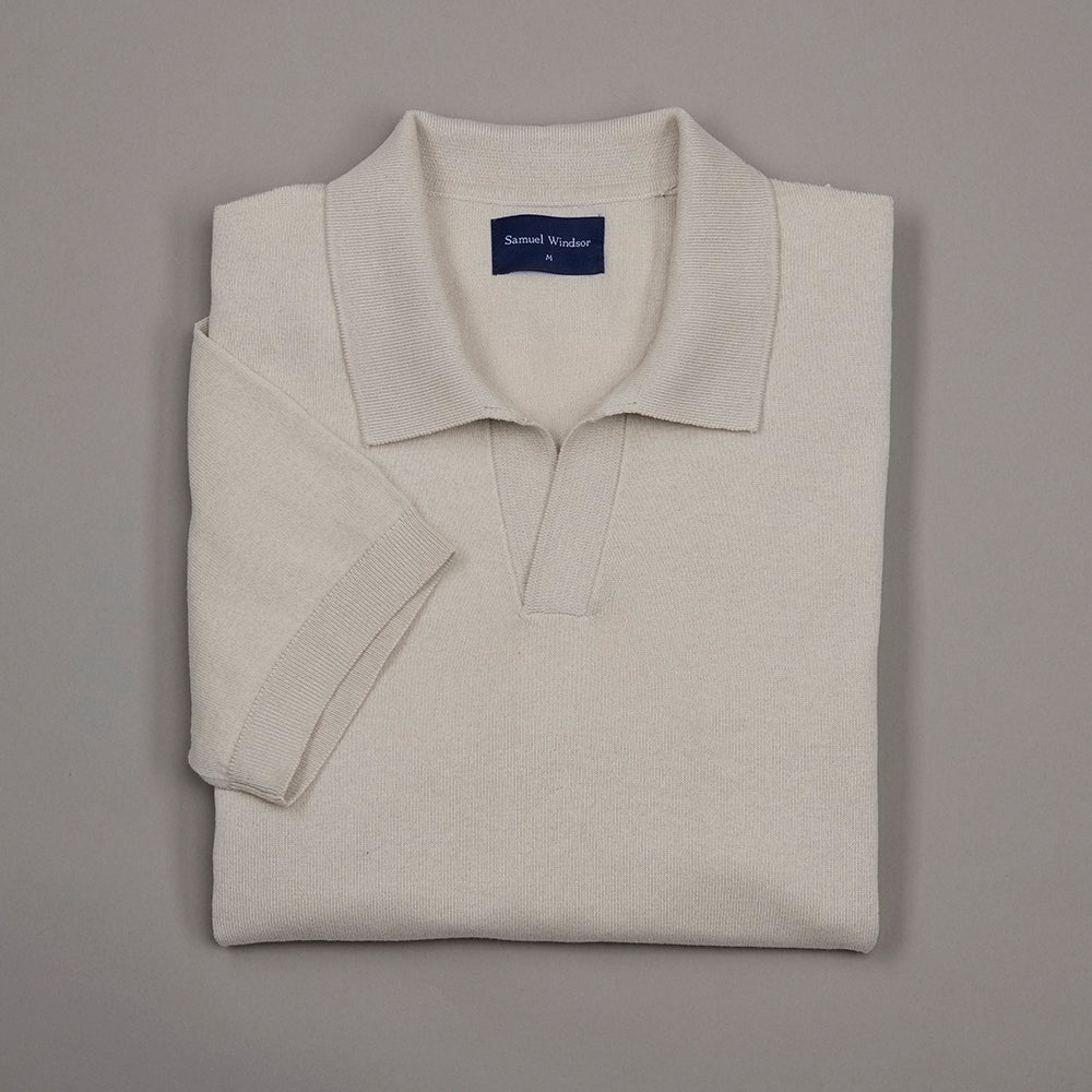 Open Collar Knitted Polo - Oatmeal - Image 3