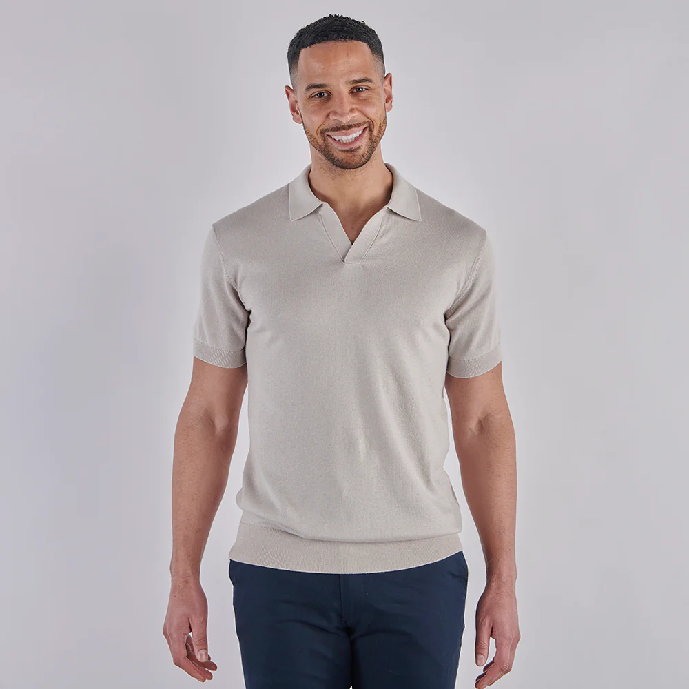 Open Collar Knitted Polo - Oatmeal - Image 4