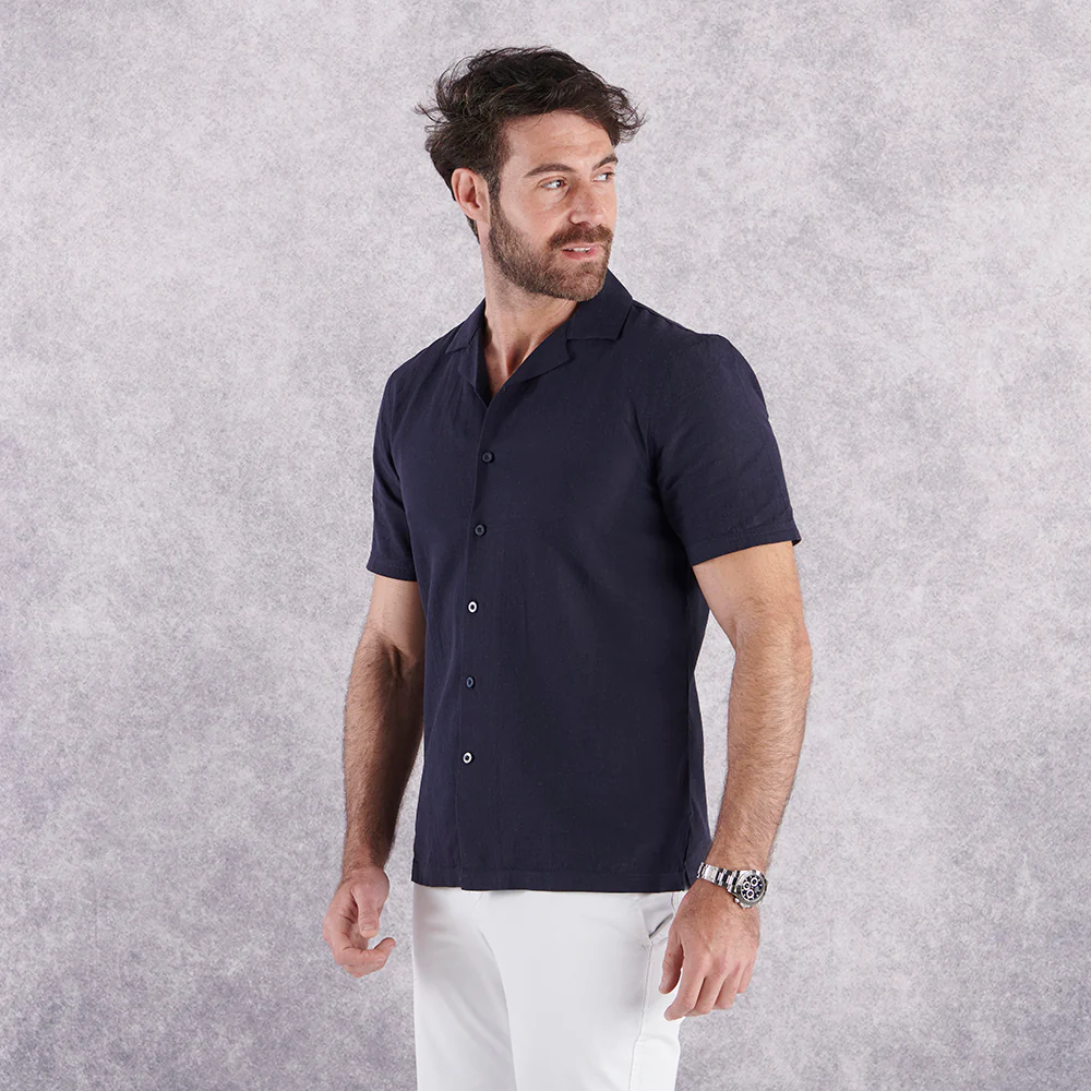Cuban Collar Linen-Rich Shirt - Ink - Image 8