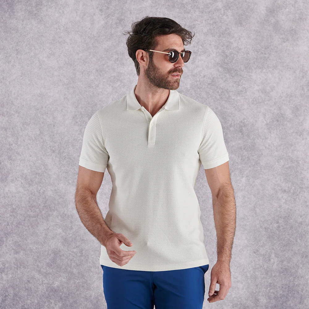 Textured Waffle Polo Shirt - Ecru - Image 2