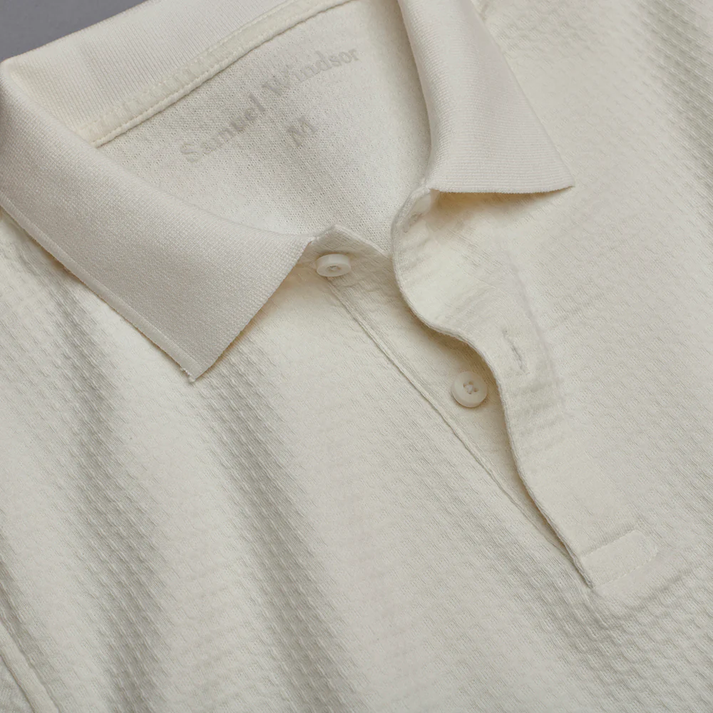 Textured Waffle Polo Shirt - Ecru - Image 3