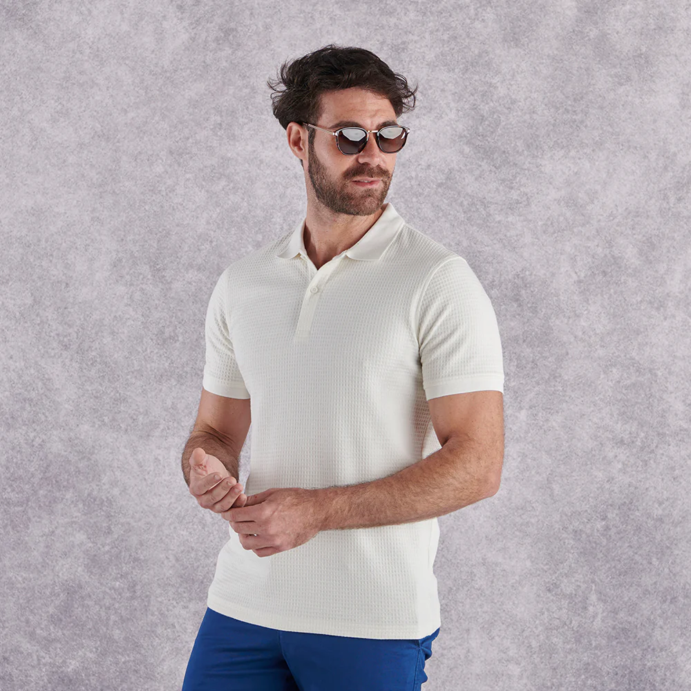 Textured Waffle Polo Shirt - Ecru - Image 6